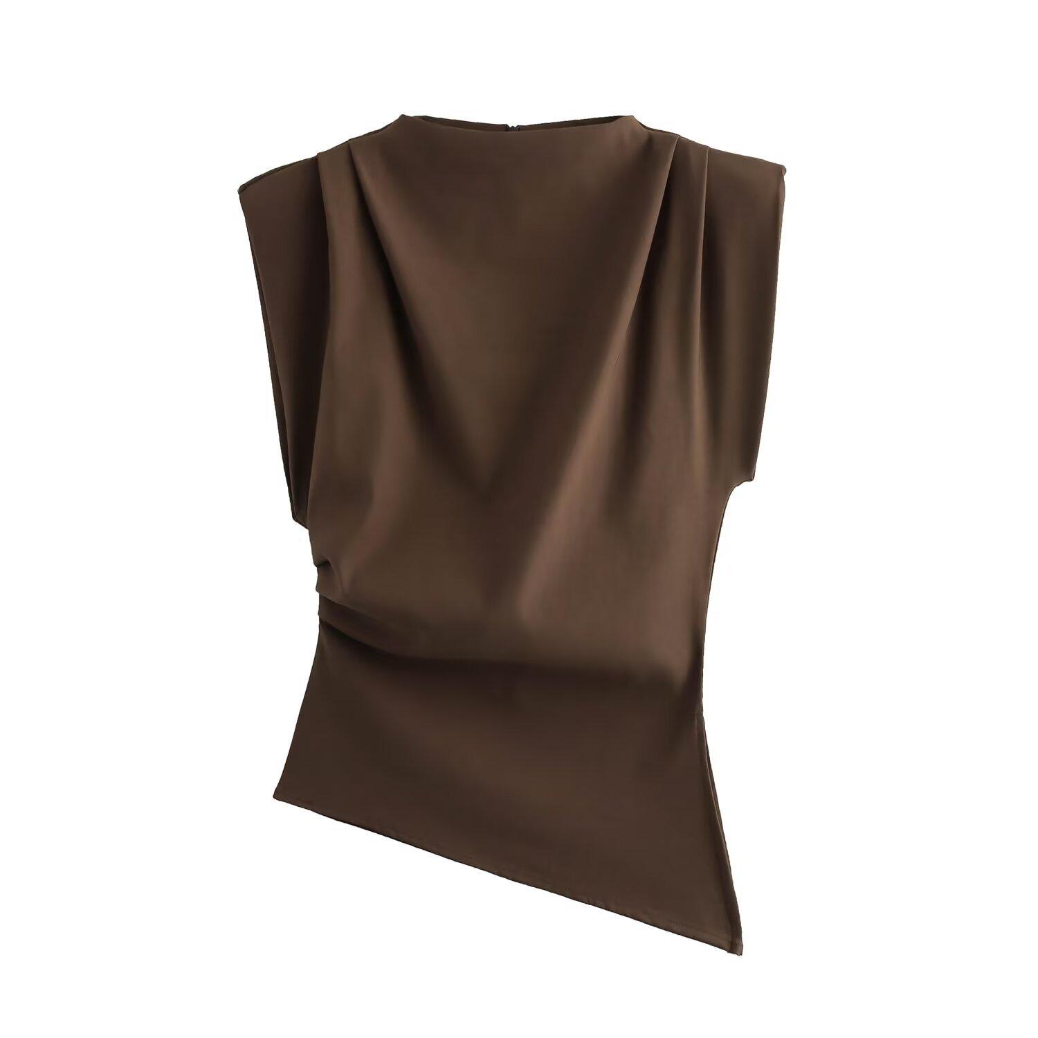 

Solid Color Women s Ruched Shoulder Pad Sleeveless Vest - 2024 Autumn/Winter Trend XS темно-коричневого кольору
