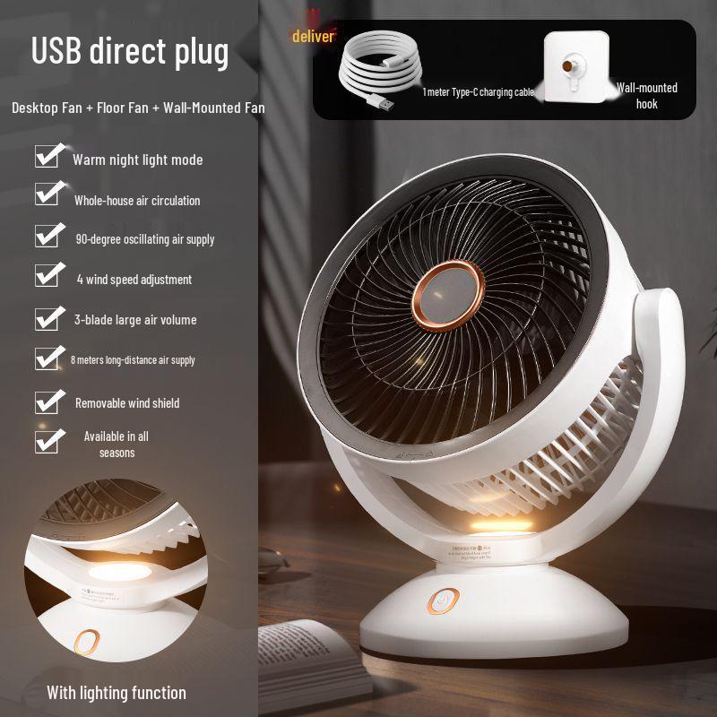 Turbo Rechargeable Wall-Mounted Air Circulator Fan for Bathroom and Kitchen, Punch-Free and Desktop Compatible.