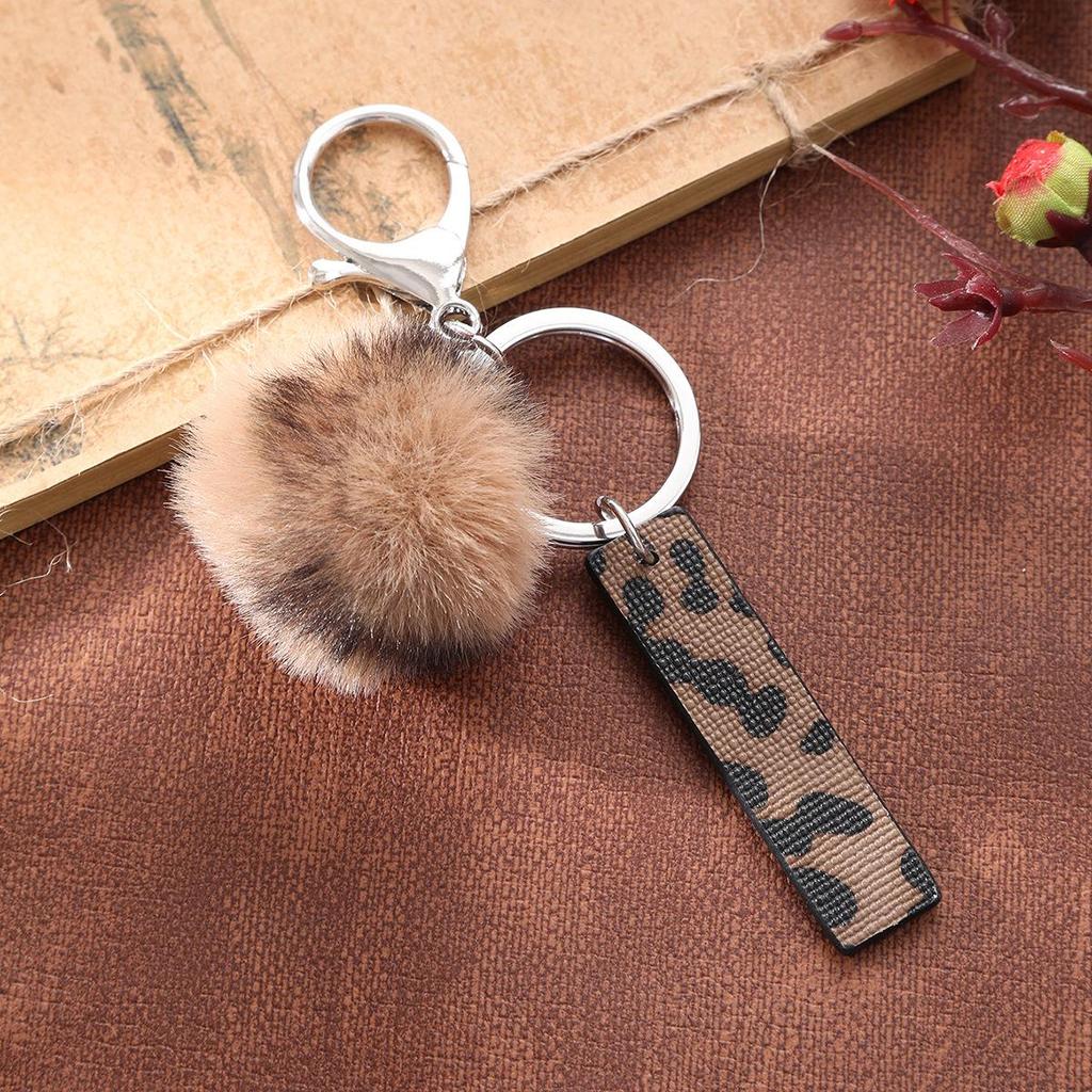 Western Cowboy Leopard Print Leather Keychain with Acrylic Letter and Plush Ball Accessories