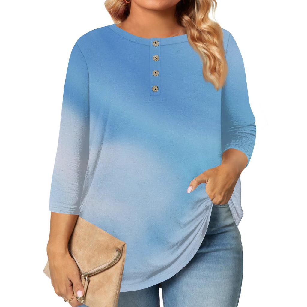 Women's Large Size Print 3/4 Sleeve Button Collar Top T-Shirt Bottoming Shirt
