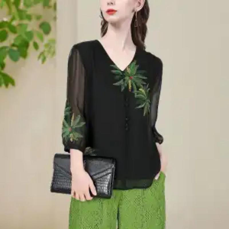 Chic Embroidered Spring Summer Loose Tops Fashionable Casual V-neck Design Shirts for Women