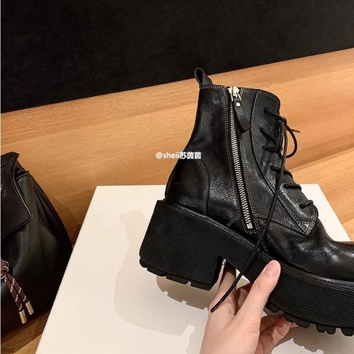 , legs and spice girls~ washed cowhide lace-up thick heel locomotive outdoor short boots women's autumn and winter Martin boots