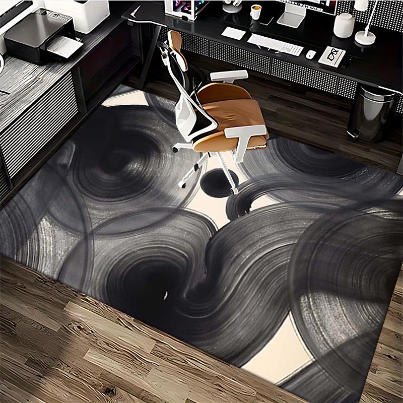 1pc Anime Cartoon Design Office Chair Mat - Black Swirls and Circles Pattern, Non-Slip Carpet for Home Decor, Suitable for Office, Living Room, Bedroo