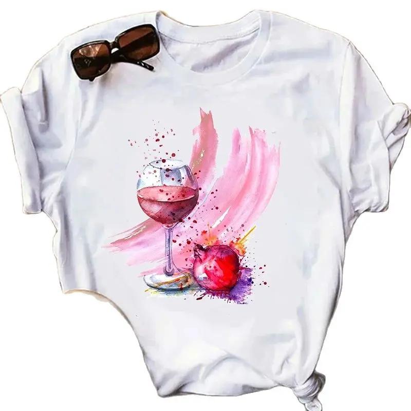 Wine Glass Wine Glass Print Short Sleeve T Shirt Women Vintage Tops Harajuku  Graphic T-shirts Aesthetic Clothes Tee