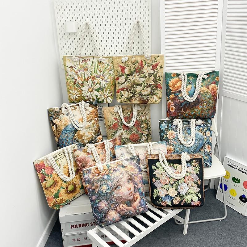 Single-shoulder Bag Fashionable Large-capacity Tote Bag Embroidered Linen Bag