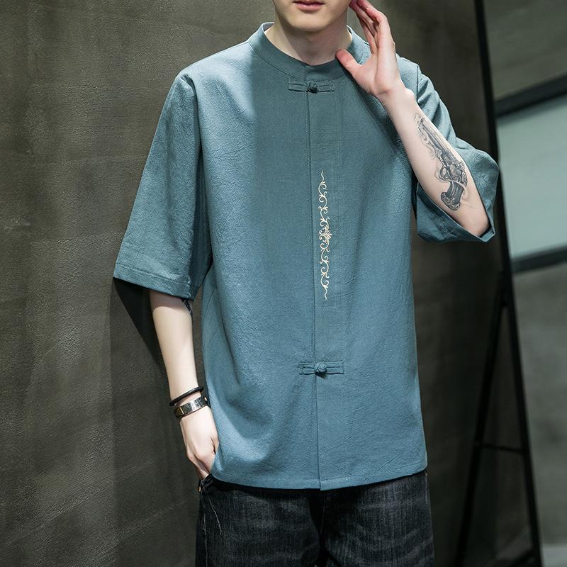 Chinese Style Summer Men's Cotton and Linen Embroidered Short-sleeved Shirt Retro Casual T-shirt