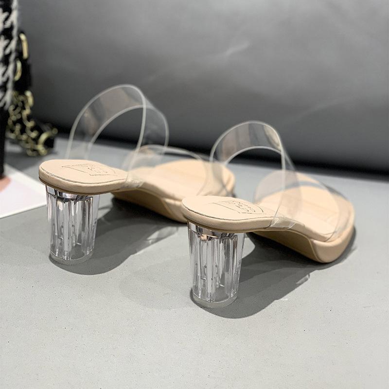 2025 new crystal sense word belt women's summer small wear high heels transparent slippers public design thick heel sandals