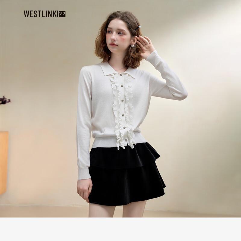 

French Ruffle Polo Collar Knit Cardigan M