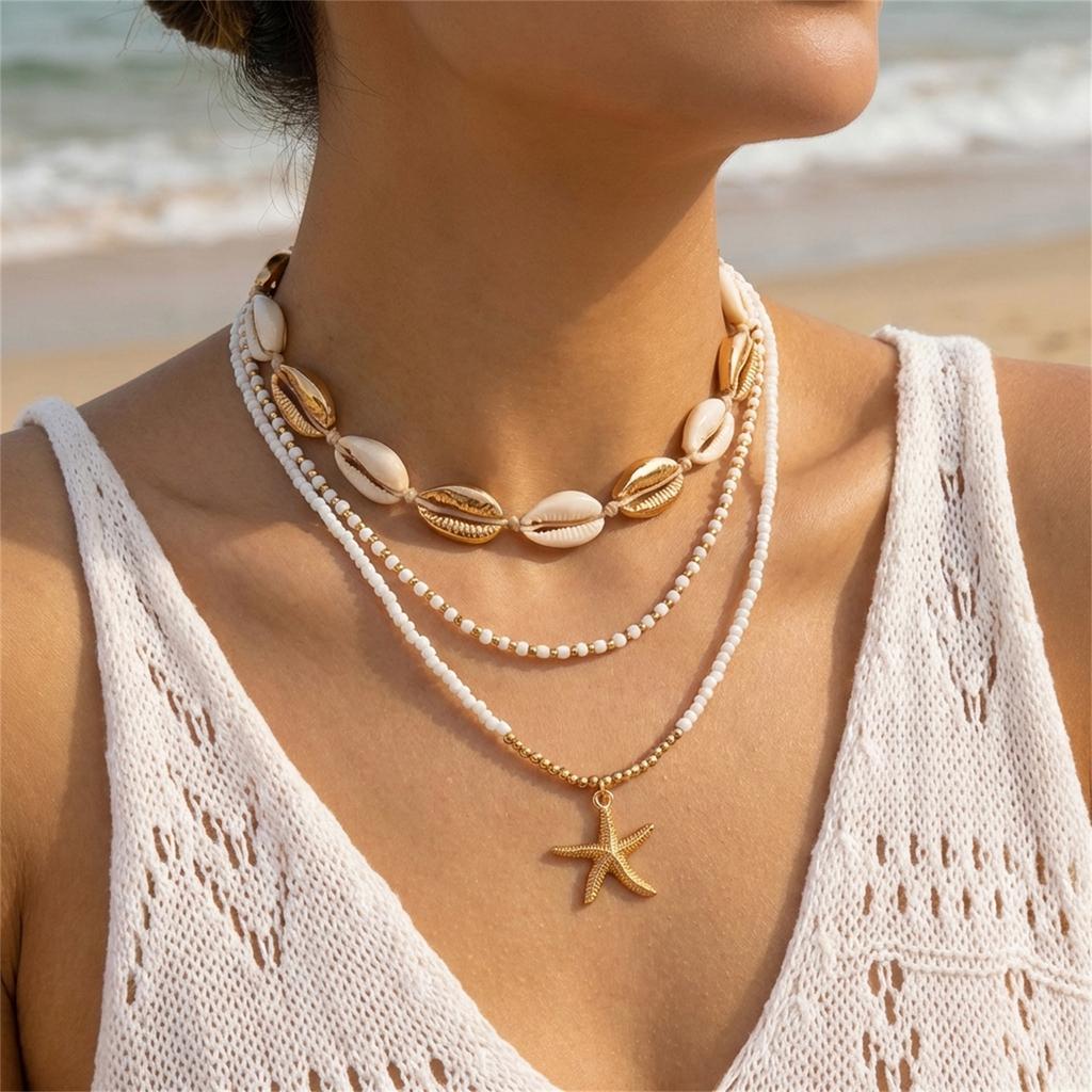 Boho Multilayer Starfish Shell Rice Beads Necklace for Women Irregular Stones Sun Pendant Neck Chain Girl Party Vacation Jewelry