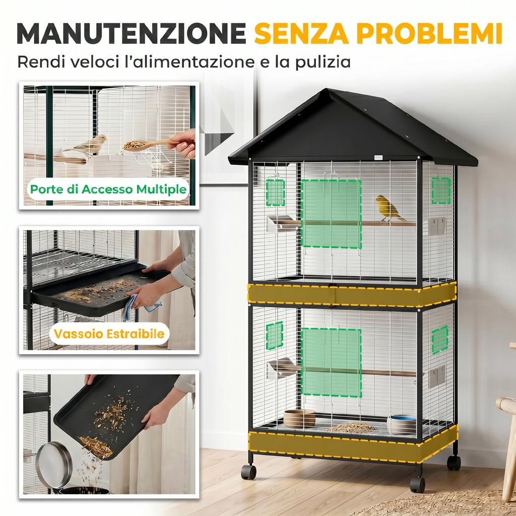 Large Bird Cage with Wheels, Removable Tray, Perches, Roof, Parrots, Canaries, Black