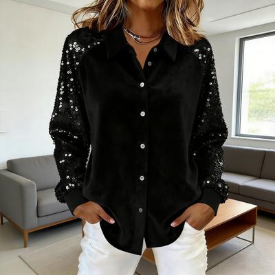 Women Shirt Button-Down Lapel Long Sleeve Shirt Tops Solid Color Loose Fit Shiny Sequins Sleeve Velvet Shirt Cocktail Party Wear