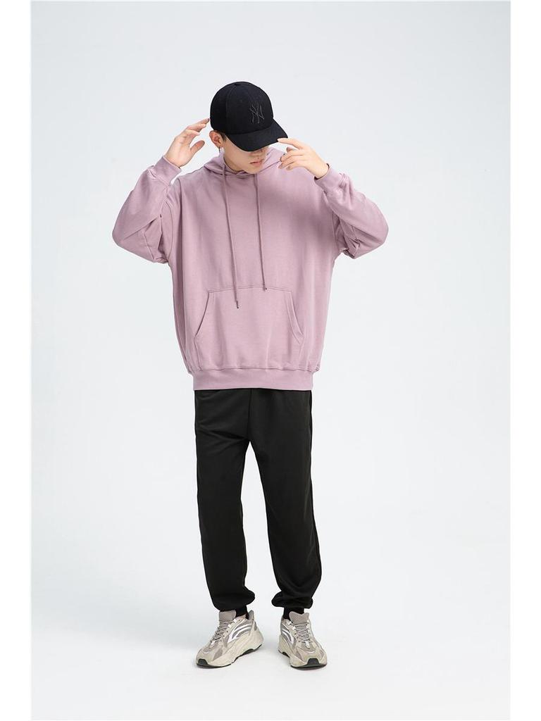 Men's Trendy Oversized Terry Hoodie - Solid Color, Drop Shoulder, Hong Kong Style Logo.