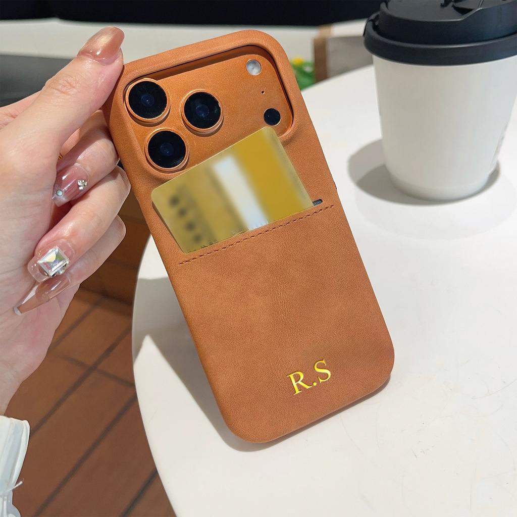 Personalized Vintage Faux Leather Insertable Card Case for iPhone 17 16 15 14 13 Pro Max Air Custom Name Hot Gold Foil Stamping