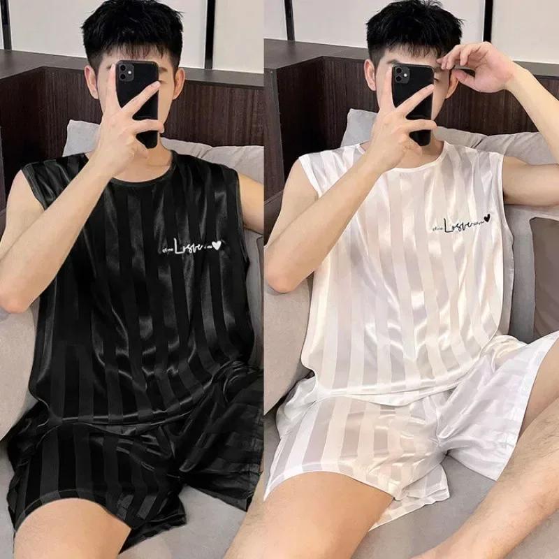 Summer Pajamas Men's Ice Silk Thin Vest Shorts Men's Loungewear Set Large Size Sleeveless Comfortable Casual Loungewear