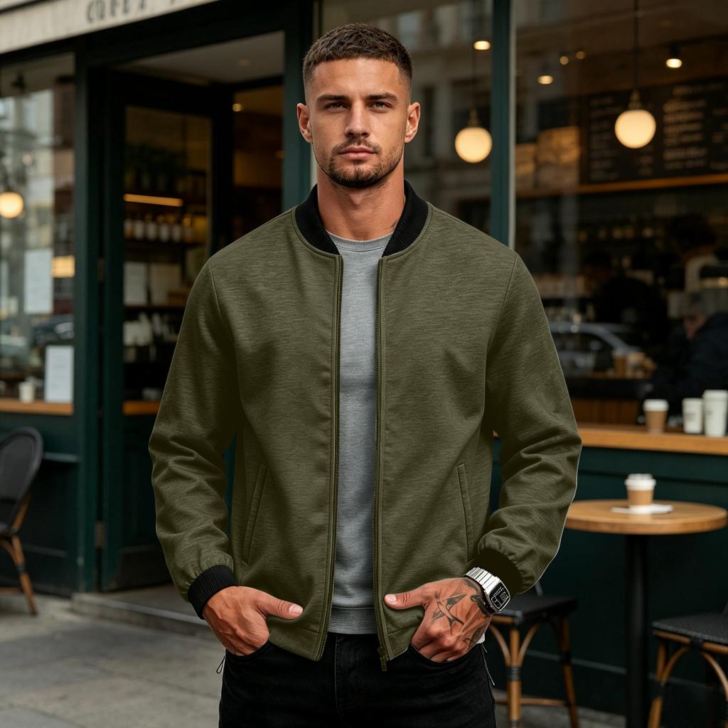 Men's Color Zip Up Baseball Jacket with Stand Collar