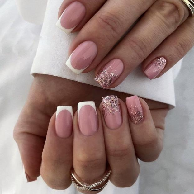 

Set of 24 Wearable French Glitter Nail Art Patches with Sequins Yellow Jelly Glue + File (Temu/Tiktok Platform)