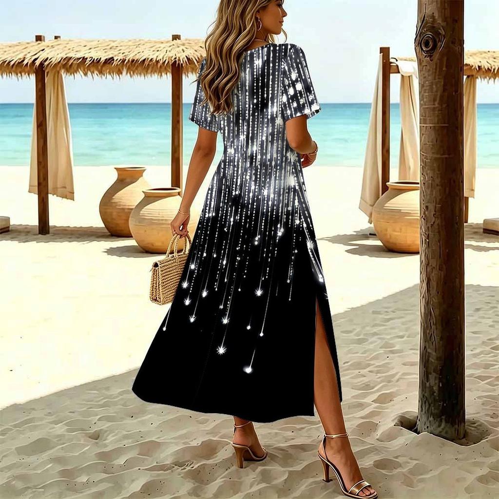 Women Fashion Round Neck Vintage Pattern Printed Short Sleeve Side Slit Dress Casual Vacation Dress Long Loose Dress