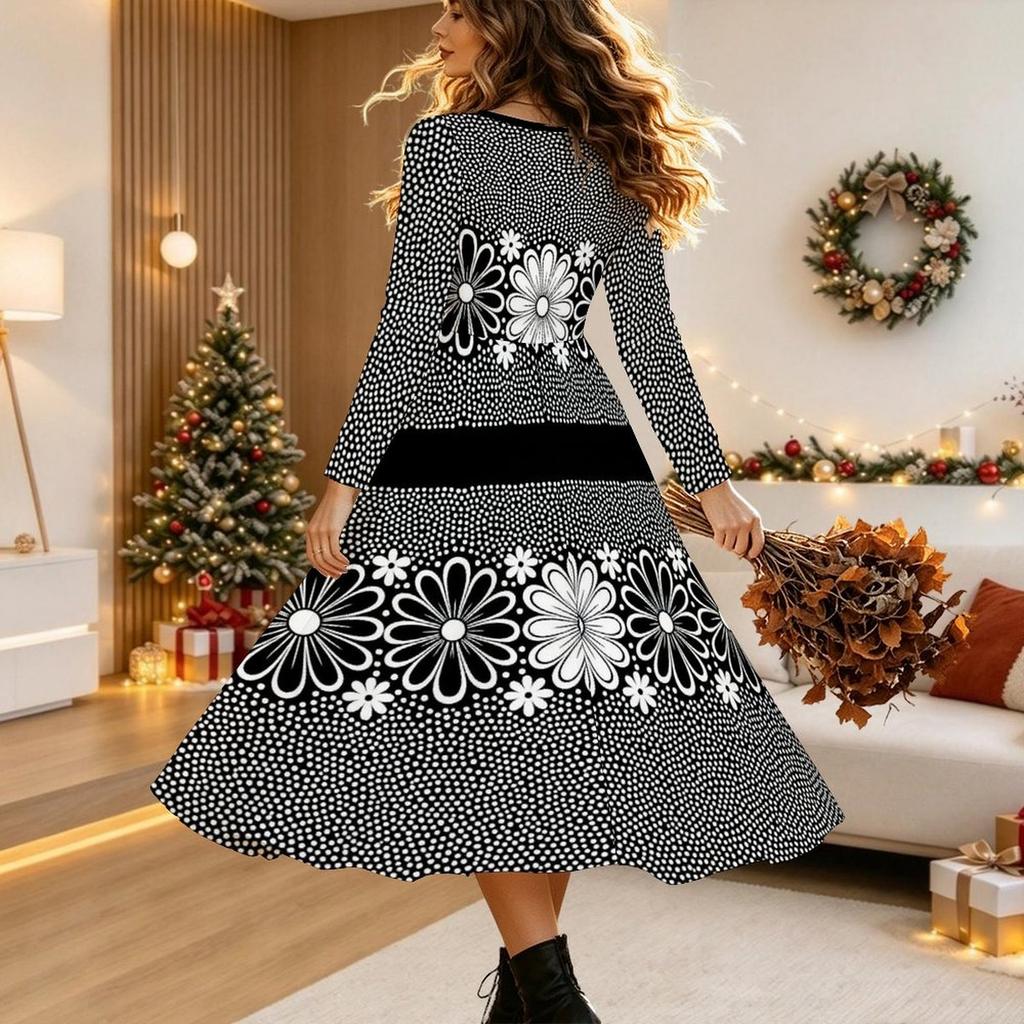 Halloween Women's Floral Print Midi Dress A Line Dress Vacation Casual Daily Regular Fit Long Sleeve V Neck Black Spring Fall