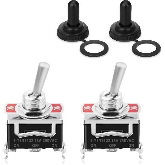3 Way Toggle Switch, 3 Position ON-OFF-ON, 3 Pin, Black, with 2 Waterproof Boot Caps, 15A 250VAC for Ignition & Pressurization, Universal Fits Car