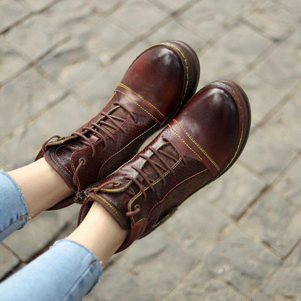 Johnature Genuine Leather Retro Shoes Women Boots Zip Round Toe Mixed Colors Sewing Handmade Concise Platform Boots