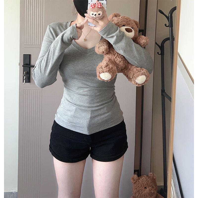 

Plus Size V-Neck Long Sleeve Casual Slimming T-shirt Small білий