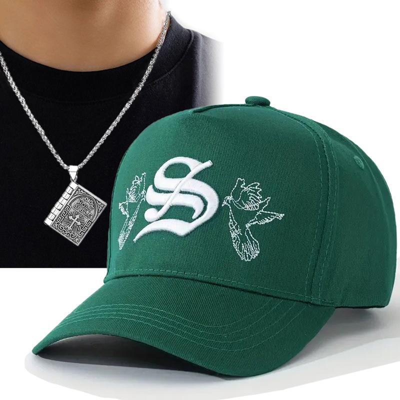 

2 шт. Мужская женская вышитая бейсболка с буквами «утиный язычок», бейсболка с надписью «сломанная», складная подвеска в виде книги, комплект ожерелий, спортивная бейсболка зелёный