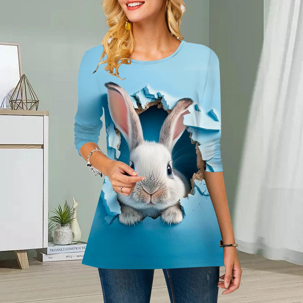 Plus Size Women Flower Broken Wall Rabbit Print Round Neck Casual Loose Long Sleeve Top