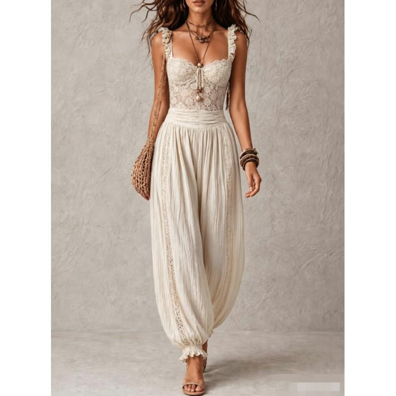Womens Lace Trimmed Sleeveless Wide Leg Jumpsuit 2026 Boho Chic Romper In Gray Cream White Green Black Brown