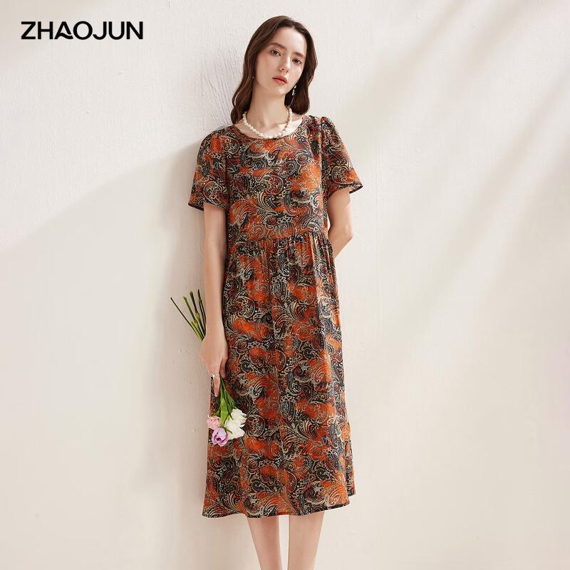 Zhaojun Women s Printed Mulberry Silk Short-Sleeve Dress XL