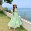 Women Green Floral Maxi Dress, Ruffle Sleeve Tiered Vacation Dress