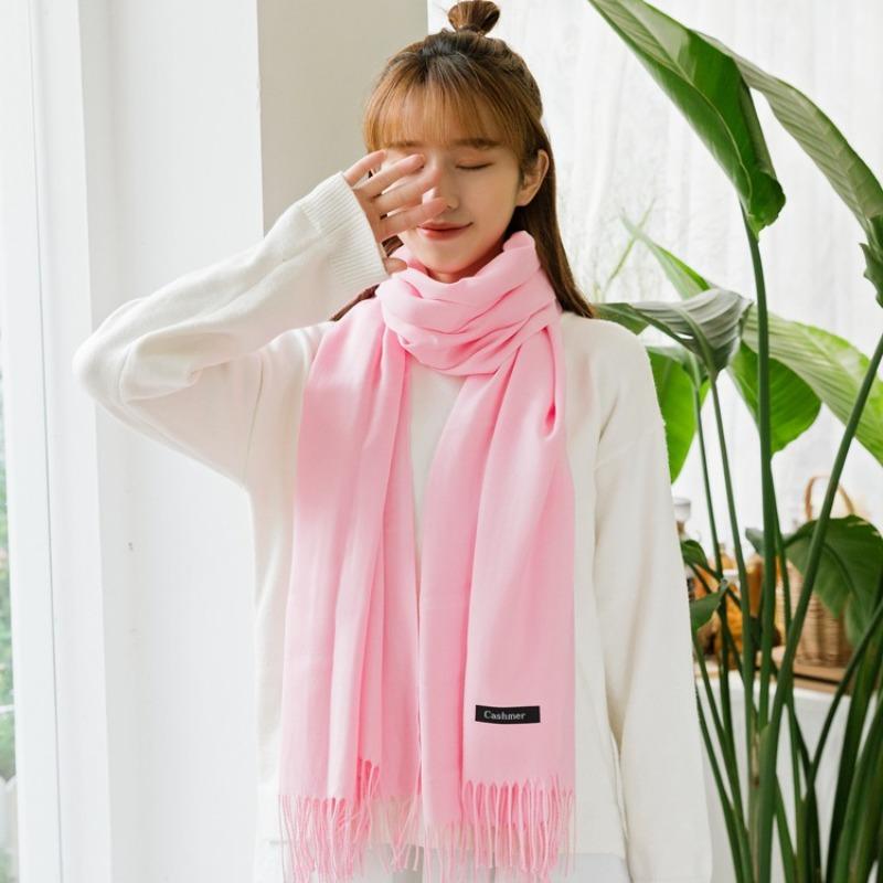 Autumn and winter new cashmere scarf women's thickened fringed warm pulled solid color bright red scarf shawl