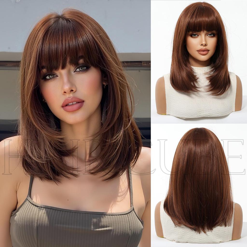 European Style Brown Medium Long Wig with Full Bangs for Women - High-Temperature Fiber