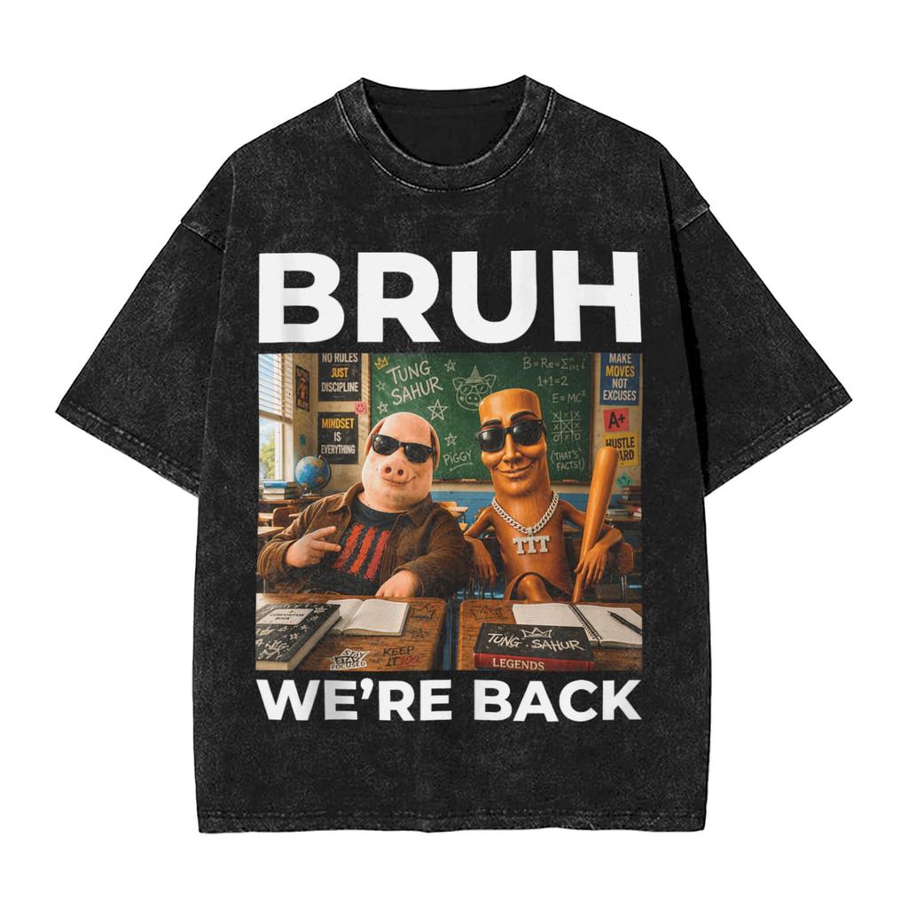 Vintage Washed Tshirt Funny Brainrot Outer Space Meme Tung Sahur John Pork Selfie Tshirts Fashion Tee Shirt Male Summer Tops