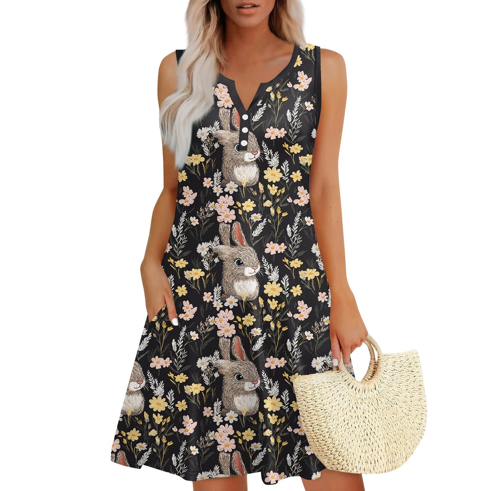 Women s Casual Easter Print V-Neck Button Side Pocket Vest Dress L