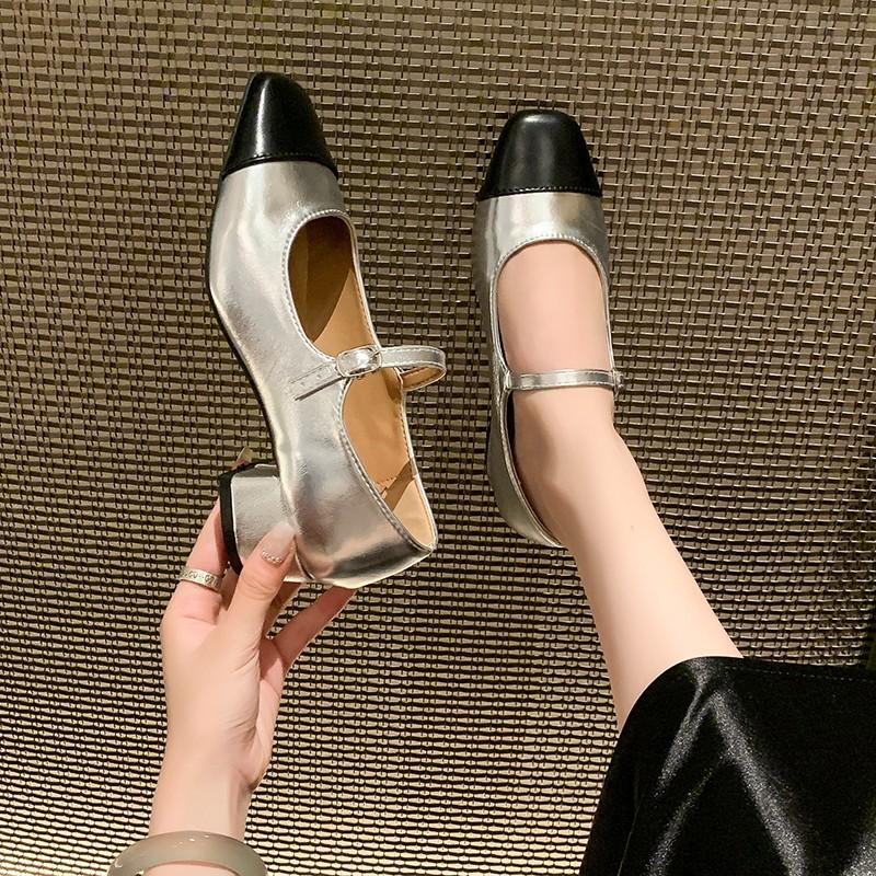 Women's Cow Leather Mix Color Patchwork Matal Belt Mary Jane Pumps 3.5cm Low Heel Square Toe Casual Female Heeled Single Shoes