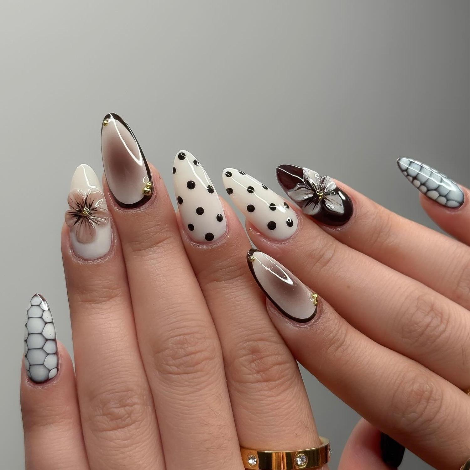 Autumn/Winter 3D Gradient Brown Floral Polka Dot Almond Fake Nail Art Stickers