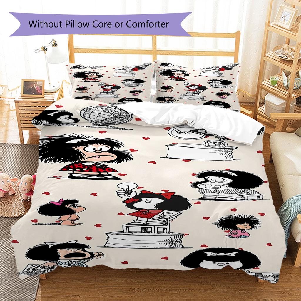 Pościel z wzorem Mafaldy, Zestaw kołdry Poszewka na kołdrę Poszewka na poduszkę Domowy prezent urodzinowy (1 * poszwa na kołdrę + 2 * poszewki na poduszki, bez rdzenia)