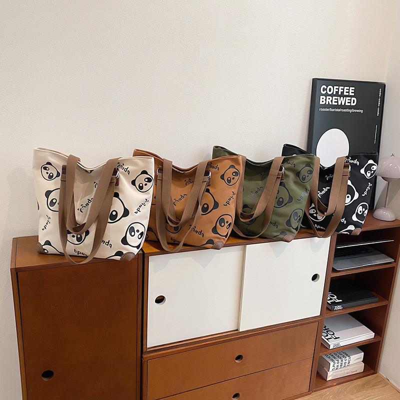 Black Green Brown White Panda Canvas Tote Bag With Large Capacity