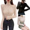 Turtleneck Long Sleeves Perspective Thin Bottoming Top Women Embroidery Floral Crochet Lace Hollow Top