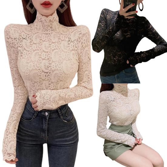 Turtleneck Long Sleeves Perspective Thin Bottoming Top Women Embroidery Floral Crochet Lace Hollow Top