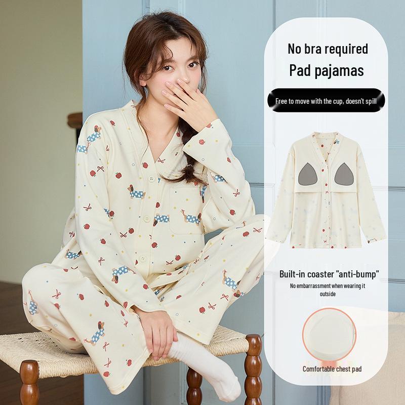 Women's Retro Print Cotton Pajama Set - V-Neck Cardigan, Loose Fit, Comfy Korean Style, Spring/Autumn.