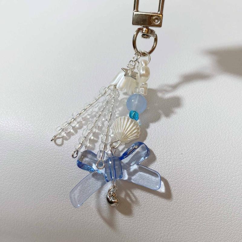 Y2K Phone Charm Blue Bow Star Keychain Beaded Pendant Kawaii Keychain Anti-Lost Bag Chain Cute Accessory for Girls Women Jewelry