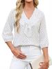 Womens Ruffled V Neck Three Quarter Sleeve Polka Dot Chiffon Blouse