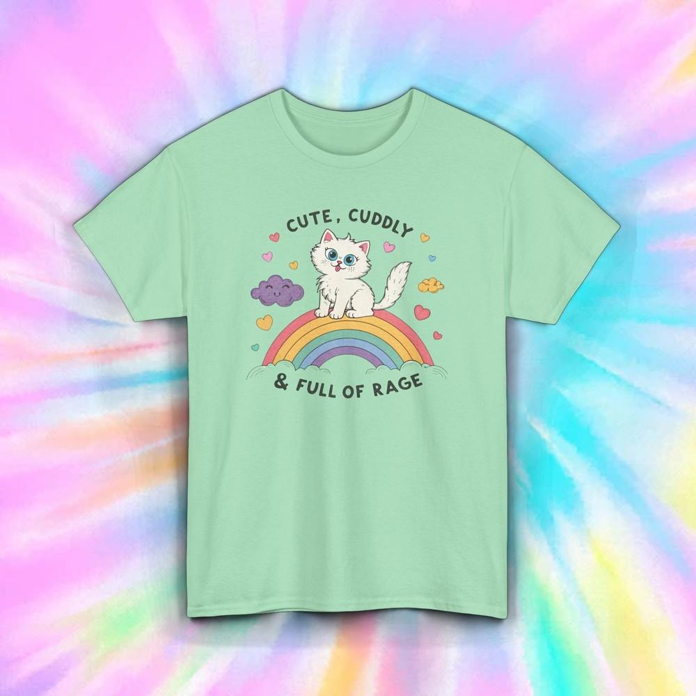 

Angry Cat Shirt Cute Cuddly Full of Rage Funny Rainbow Kitty Tee S-5XL S
