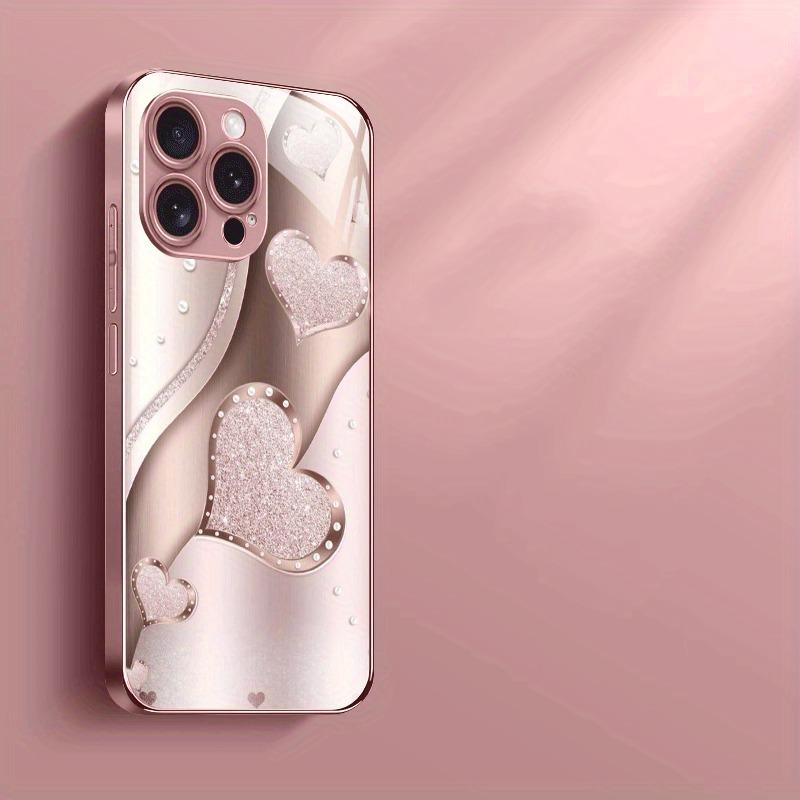 Funkelndes Rosa Herz Kurvenmuster Metallische Farbe Glas Handyhülle Für iPhone 11 12 13 14 15 16 17 Pro Max Plus 16E 17Air Hülle
