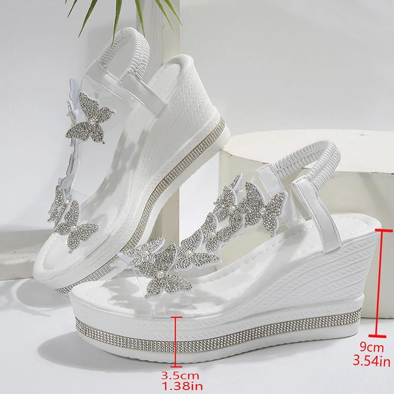 Fashion Shiny Crystal Wedge Heel Sandals for Women Fashion Clear PVC Platform Sandals Woman Thick Sole Rhinestone Butterfly Party Shoes
