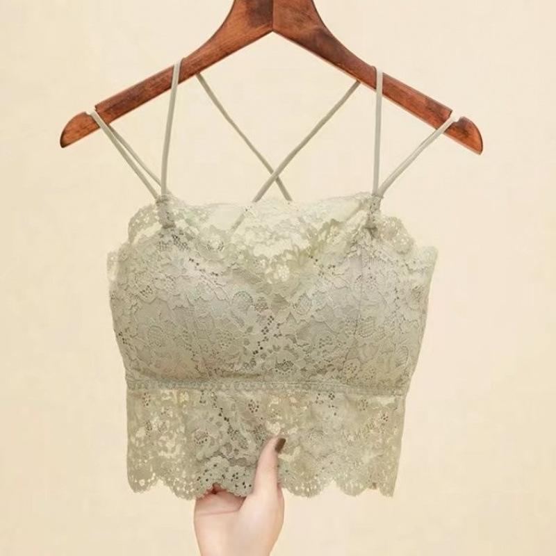 Lace Camisole Bustier Top with Strapless Back, Chest Pads, Wire-Free Push-Up, Anti-Exposure Design for Young Girls