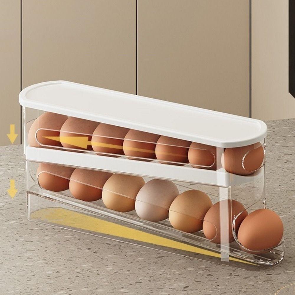2Pcs Stackable Auto Rolling Egg Organizer Anti-fall Slide Style Egg Storage Box Refrigerator