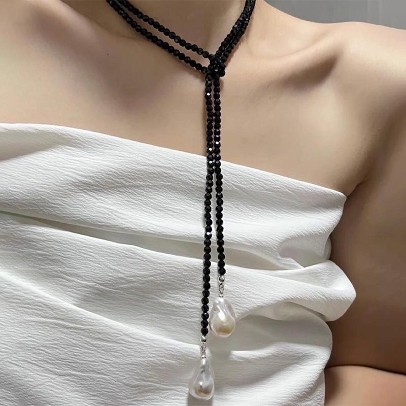 

Винтажная цепочка на шею неправильной формы, длинное ожерелье с имитацией жемчуга для женщин, девушек, модная цепочка для свитера, ювелирные аксессуары, подарки чёрный