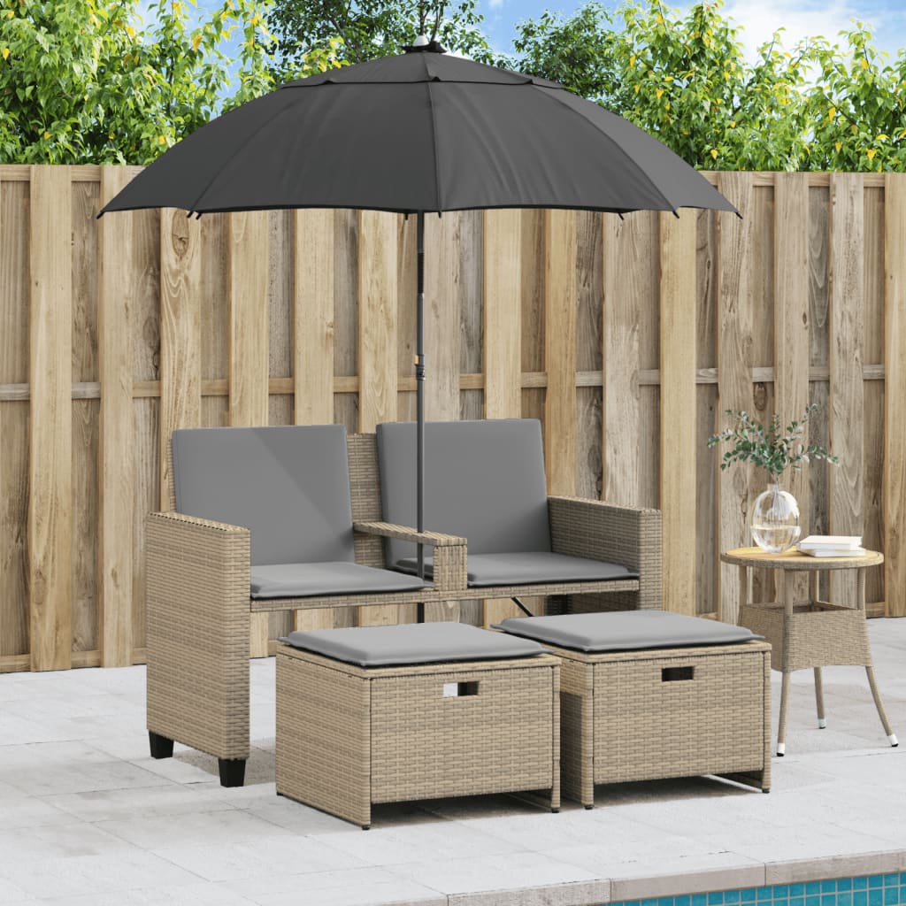 2 Seater Garden Sofa with Sun Umbrella and Footstools Beige Poly Rattan